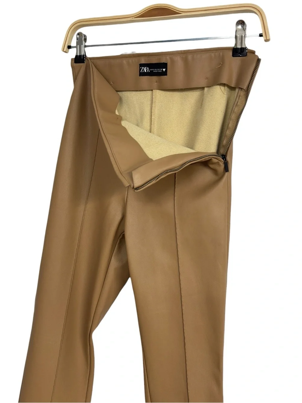 ZARA Camel Faux Leather Leggings Pants Mid Waist Slim Stretch Women Small Size S - Picture 5 of 9